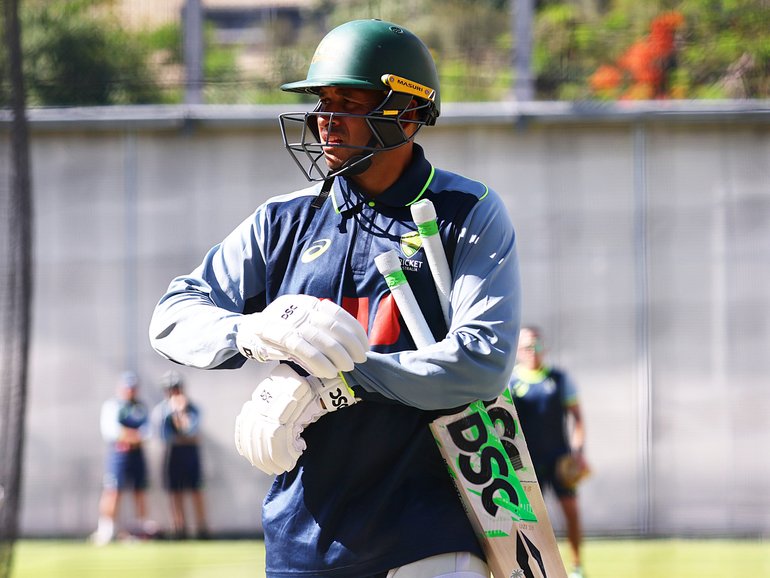 Usman Khawaja walks to the nets during an Australian Cricket Team training session at The Gabba, in Brisbane, Monday, December 1, 2025.