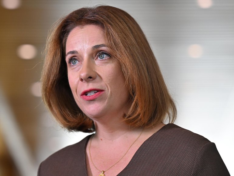 Minister for Communications Anika Wells at a press conference at Parliament House in Canberra, Tuesday, September 2, 2025.