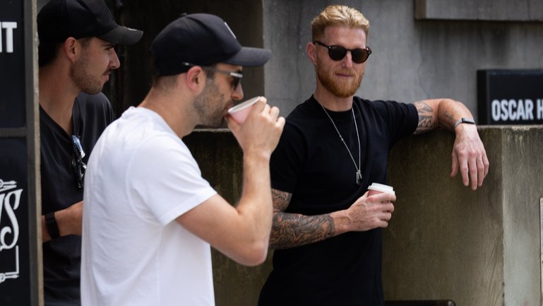 English cricket team captain Ben Stokes enjoys a coffee with teammates ahead of the first Test in Perth last month.