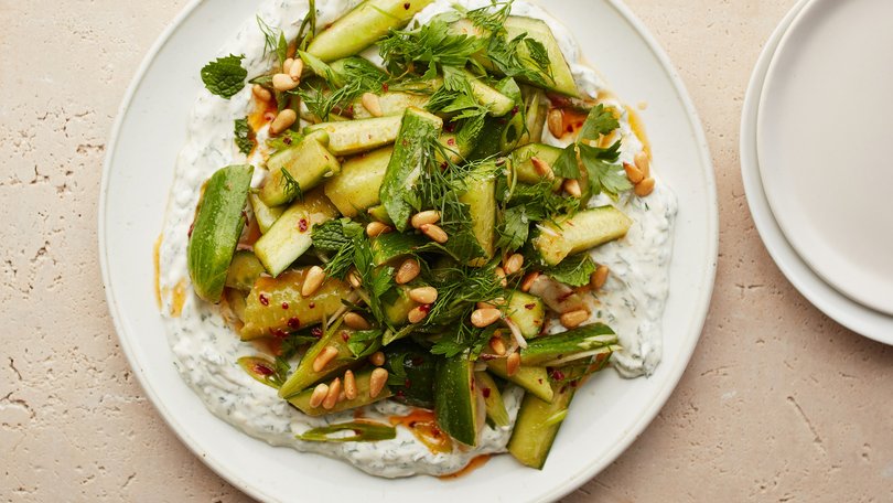 Spicy cucumbers with yoghurt, lemon and herbs in New York on July 21, 2020. Crunchy cucumbers meet creamy yoghurt in this cold-marinated cucumber salad. Food Stylist: Rebecca Jurkevich. (Johnny Miller/The New York Times)
