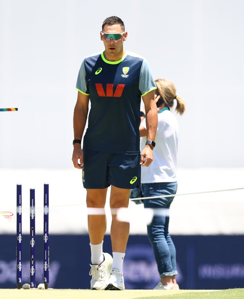 Scott Boland marking out his run-up on Thursday morning.
