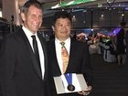 Former NSW Premier Mike Baird with Jeff Li, general manager of Pioneer Computers.