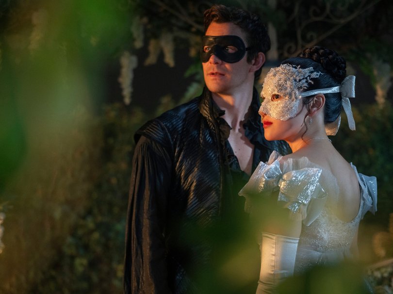 Luke Thompson and Yerin Ha in a scene from Bridgerton season four, headed our way in late January.