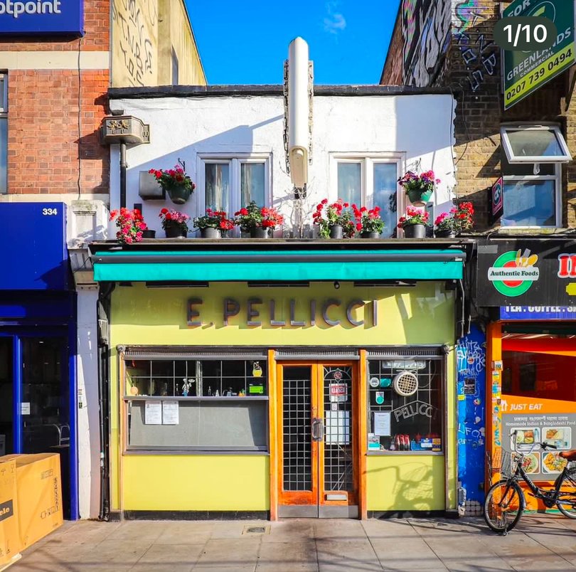 Exterior of E. Pellicci, an iconic family-run Anglo-Italian cafe located in Bethnal Green, East London.