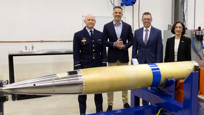 Air Marshal Leon Phillips, SA premier Peter Malinauskas, Defence Industry Minister Pat Conroy and Lockheed Martin GM Paula Smith Hartley tour the SA facility. 