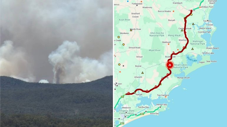 The M1 Pacific Highway has been shut in both directions as firefighters battle a grass and bushfire.