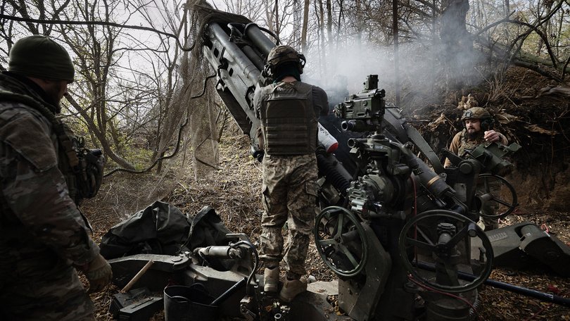 Ukraine’s 148th Artillery Brigade fires toward Russian targets in the Zaporizhzhia region of eastern Ukraine, Oct. 14, 2025. 