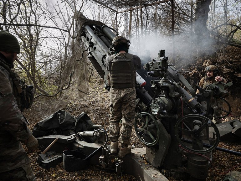 Ukraine’s 148th Artillery Brigade fires toward Russian targets in the Zaporizhzhia region of eastern Ukraine, Oct. 14, 2025. 