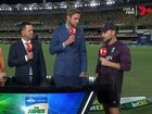 England coach Brendon McCullum speaks to Channel 7 commentators after his team went 2-0 down at the Gabba.