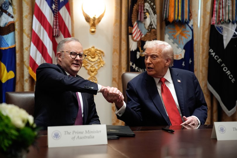 Donald Trump and Anthony Albanese shake hands during a meeting in the White House.