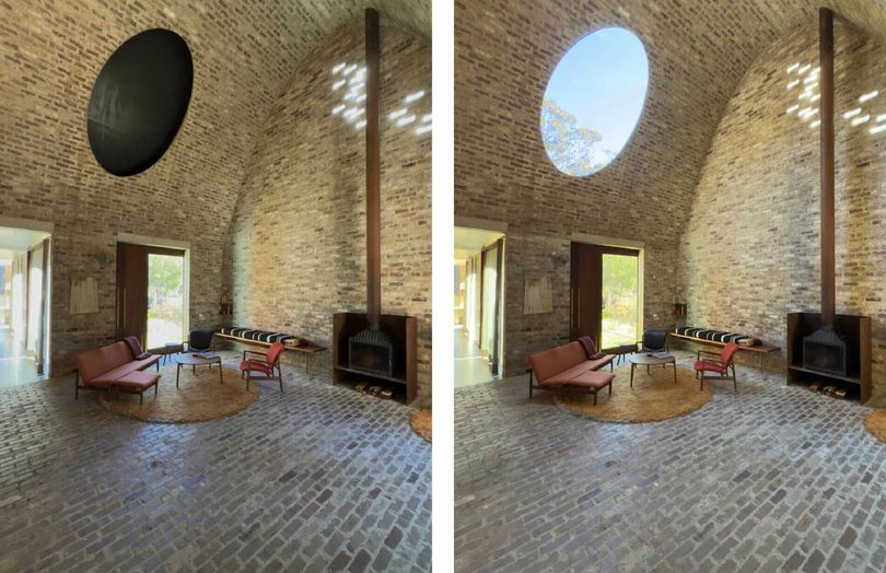 Embedded into the curve of the vault is a retractable, unglazed oculus designed to frame the southern sky.