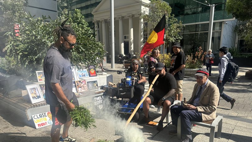 Dozens of supporters gathered outside the WA Coroner’s Court to hear the coroner deliver findings into the death of Cleveland Dodd. Picture: NewsWire / Emma Kirk