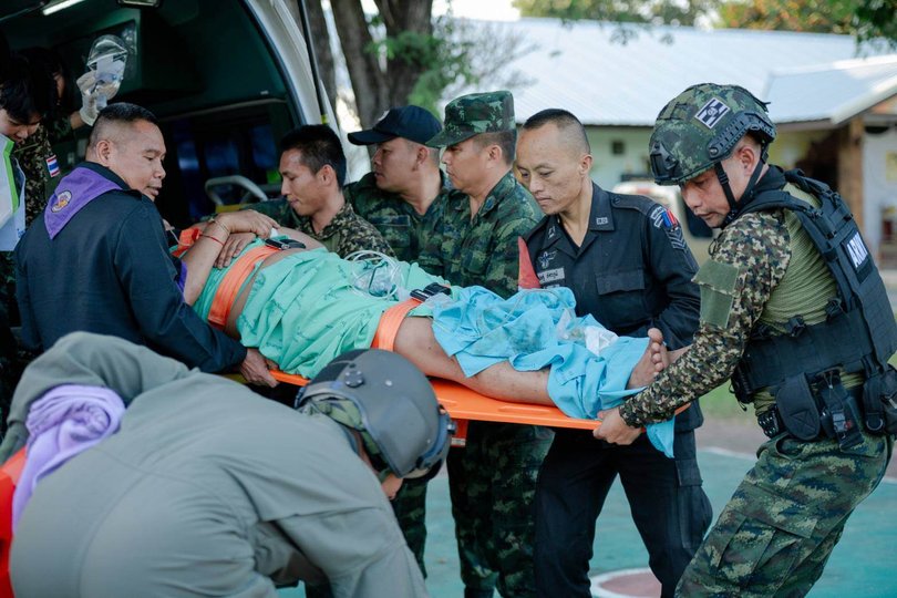 In this photo released by Royal Thai Army, a wounded Thai soldier is carried to be transferred to a hospital in Sisaket province, Thailand, Sunday, Dec. 7, 2025.
