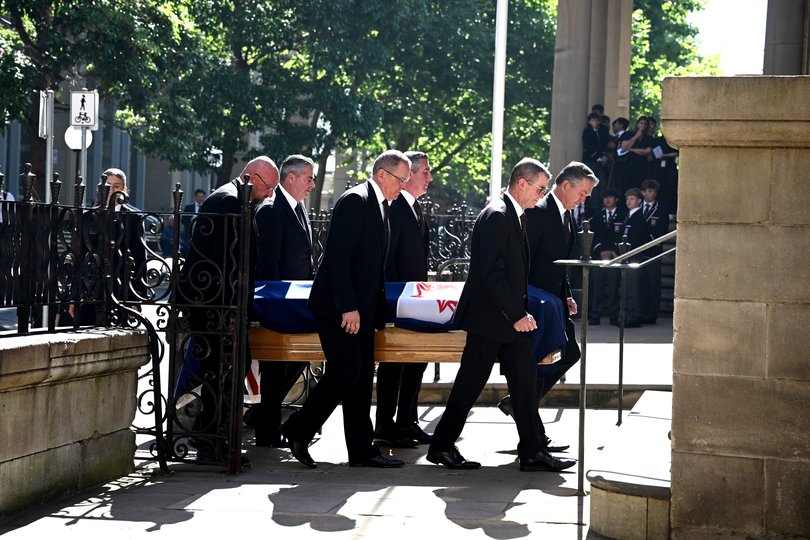 The casket arrives ahead of the state funeral for Graham Richardson at St James Church, in Sydney, Tuesday, December 9, 2025.