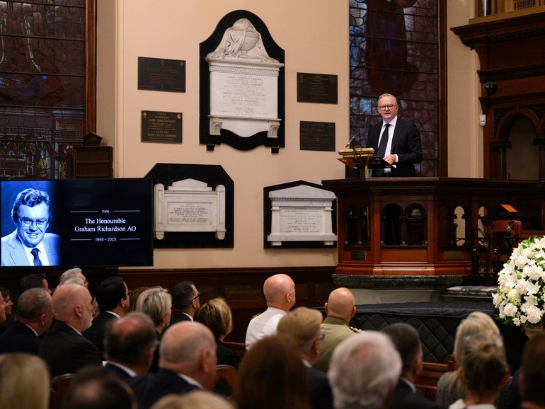 Prime Minister Anthony Albanese delivers the eulogy during the state funeral for Graham Richardson.