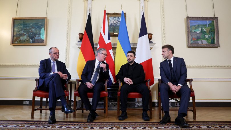 British Prime Minister Keir Starmer, second from left, hosts a meeting with German Chancellor Friedrich Merz, Ukrainian President Volodymyr Zelensky and French President Emmanuel Macron at 10 Downing Street.