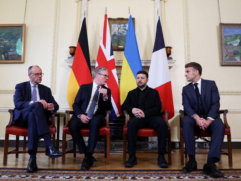 British Prime Minister Keir Starmer, second from left, hosts a meeting with German Chancellor Friedrich Merz, Ukrainian President Volodymyr Zelensky and French President Emmanuel Macron at 10 Downing Street.