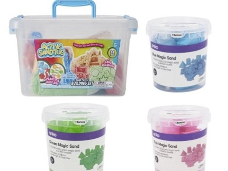The 14 piece Sand Castle Building Set, Blue, Green and Pink Magic Sand product was recalled mid November. Supplied.