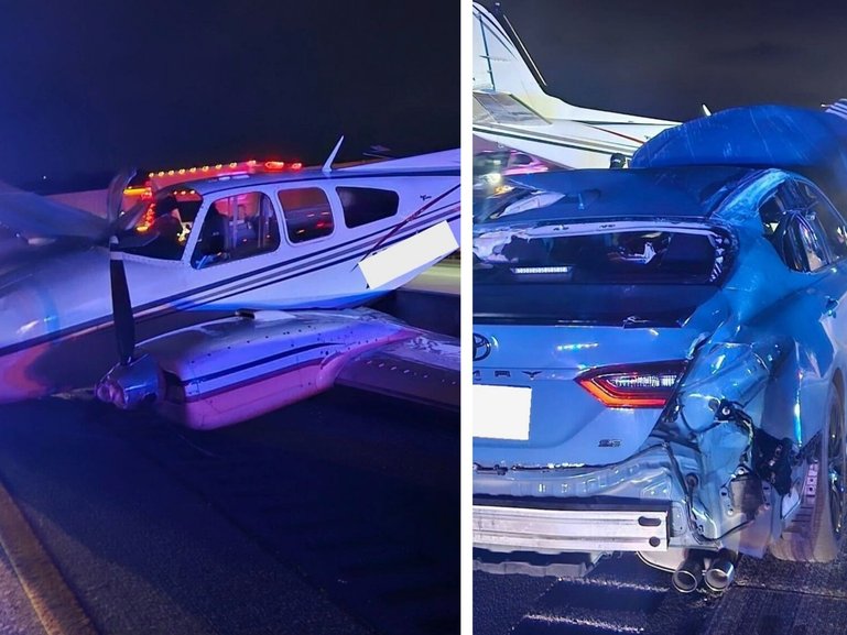 A light plane has crashed onto a car on a busy highway.