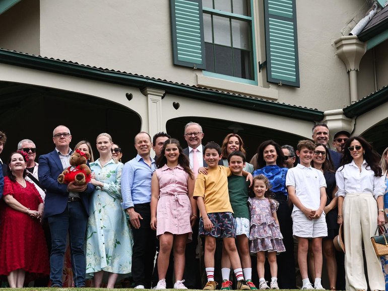 Anthony Albanese with families at Kirribilli House on Wednesday for the launch of his social media ban for under 16s. 