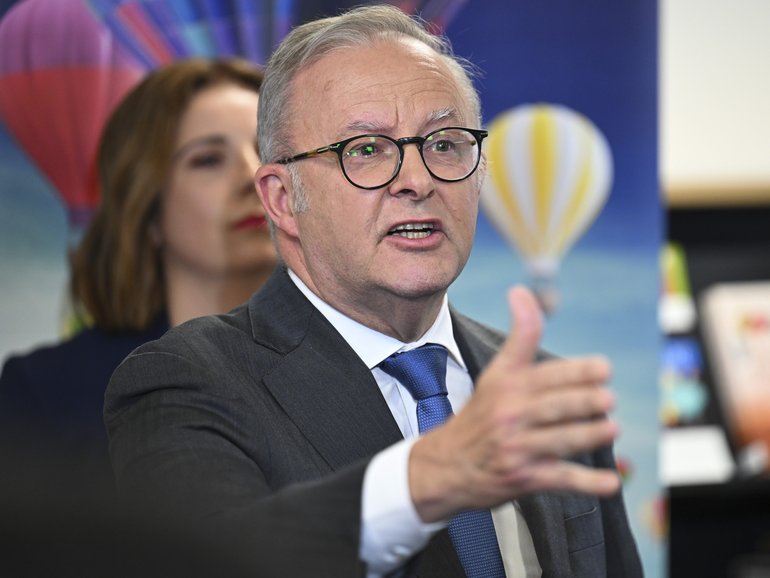 Prime Minister Anthony Albanese and Anika Wells hold a press conference in Canberra.