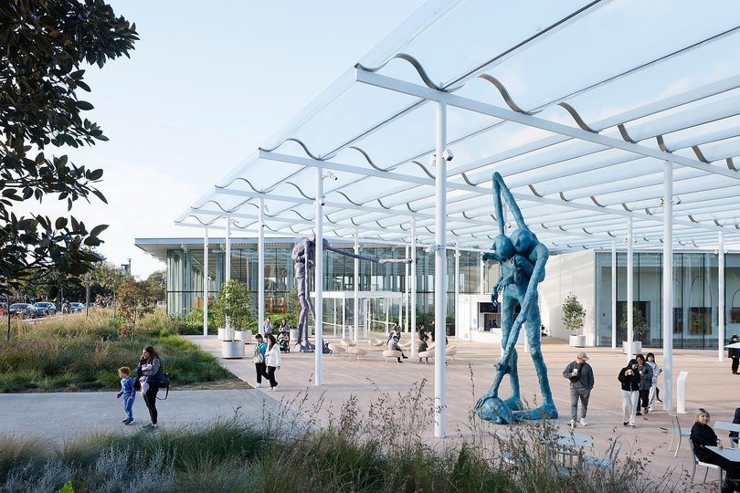 View of the Pearl and Ming Tee Lee Plaza and Art Garden at the Art Gallery of New South Wales, featuring Francis Upritchard 'Here Comes Everybody'.