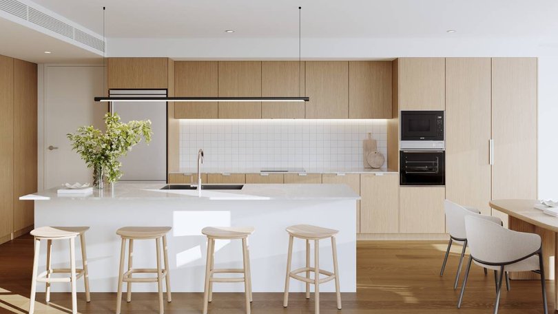 Designed for entertaining, the sleek kitchens feature smart Smeg appliances. impression supplied