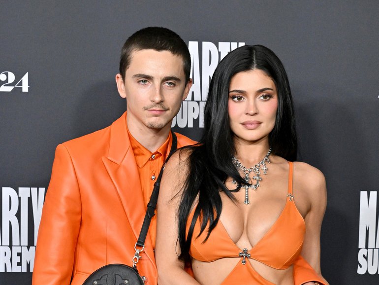 Timothée Chalamet and Kylie Jenner at the Los Angeles Premiere of A24's Marty Supreme this week.