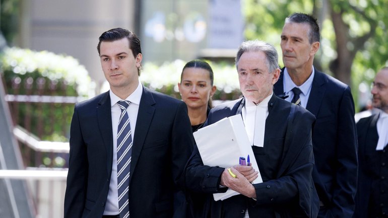 Tom Silvagni with barrister David Hallowes SC and his parents Jo and Stephen Silvagni. NewsWire / David Geraghty