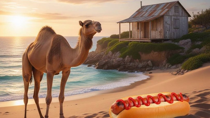 This story is real and contains a camel, a sausage and a private island home beach shack, but this image is generated by AI using Gemini Nano Banana!