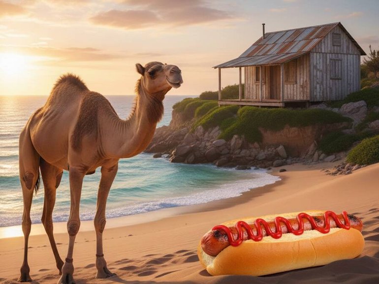 This story is real and contains a camel, a sausage and a private island home beach shack, but this image is generated by AI using Gemini Nano Banana!