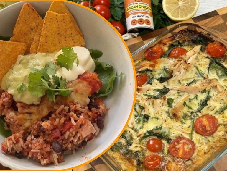 Dump and Bake dishes Nacho Rice (left) and Tuscan Chicken.
