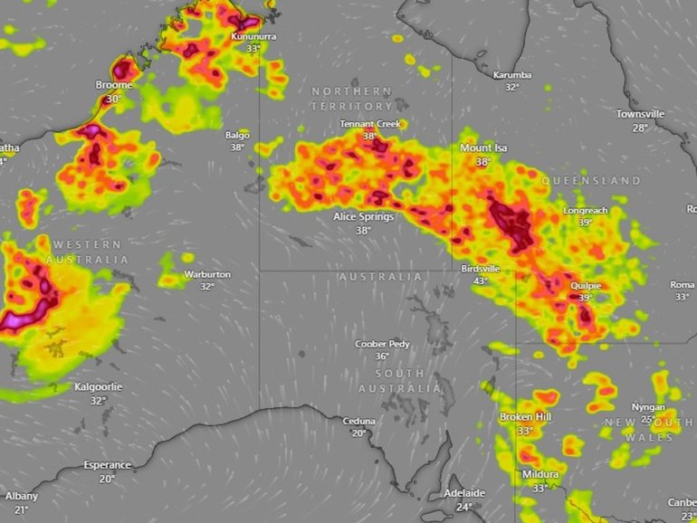 Thunderstorm forecast for Australia on Saturday at 4pm. Windy