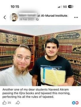 A now-deleted social media post from 2022 appears to show Akram celebrating his completion of Koran studies.