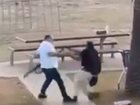 Screen shot from video of one of the Bondi gunman being disarmed. Good samaritan in white. Gunman in black.