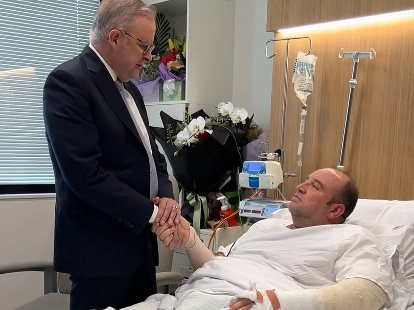 Prime Minister Anthony Albanese meets with Bondi shooting hero Ahmed Al-Ahmed in hospital today. Picture: Unknown