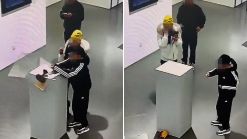 Footage from Beijing’s X Museum shows the moment a handcrafted wedding crown is sent crashing to the floor after a young boy knocked it off its display.