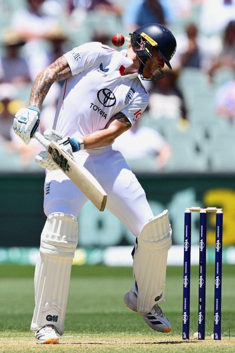ADELAIDE, AUSTRALIA - DECEMBER 18: Ben Stokes of England is struck by the ball during day two of the Third Test Match in the 2025-26 Ashes Series between Australia and England at Adelaide Oval on December 18, 2025 in Adelaide, Australia. (Photo by Quinn Rooney/Getty Images)