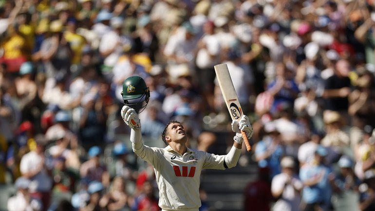 ADELAIDE, AUSTRALIA - DECEMBER 17: Alex Carey of Australia celebrates reaching his century during day one of the Third Test Match in the 2025-26 Ashes Series between Australia and England at Adelaide Oval on December 17, 2025 in Adelaide, Australia. (Photo by Darrian Traynor/Getty Images)