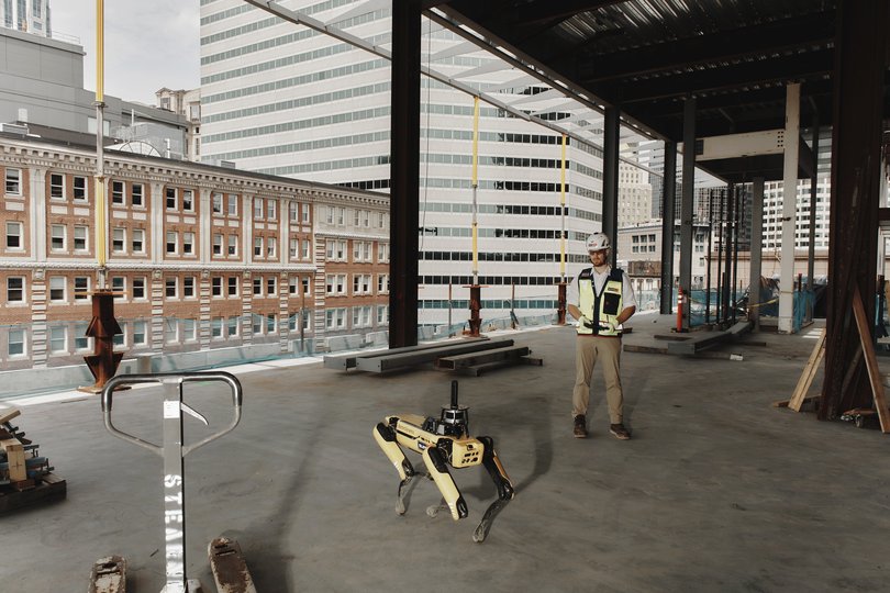 A robot created by Boston Dynamics that uses artificial intelligence technology at the construction site for South Station Tower, a 51-story development in Boston, Aug. 10, 2023.