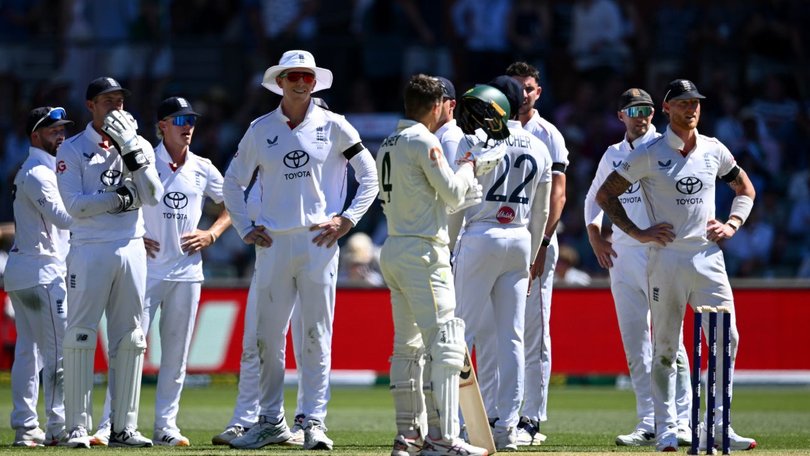 England players watch on as the Alex Carey review unfolds.
