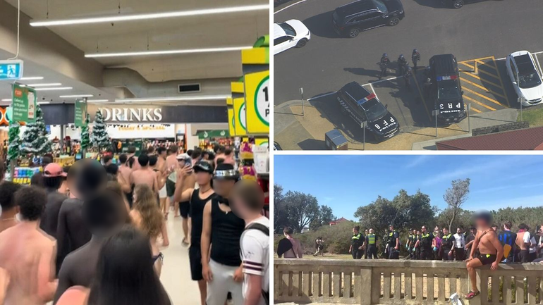 The riot squad was called to a beach in Melbourne’s southeast after hundreds of teenagers stormed a Woolworths before a large brawl broke out near a pier. 