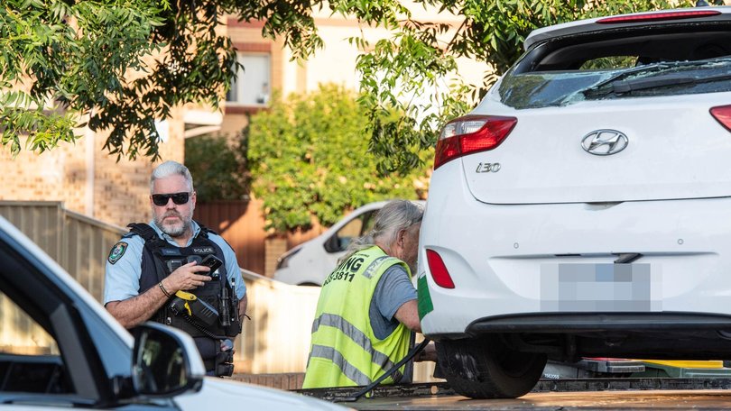 Tactical officers rammed a white Hyundai i-30 at the intersection of George and Campbell streets in Liverpool. Picture: NewsWire / Monique Harmer