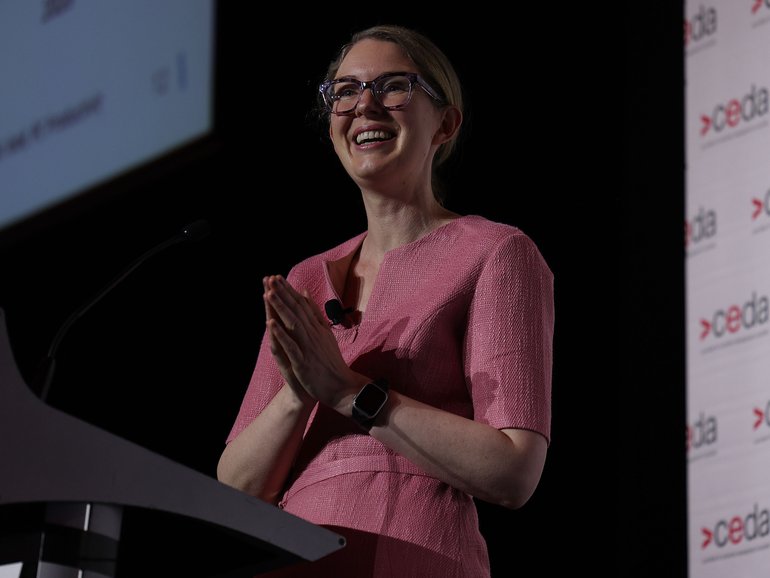 Productivity Commission Chair Danielle Wood has spoken at a CEDA event in Perth. PIctured is Danielle at the PCEC