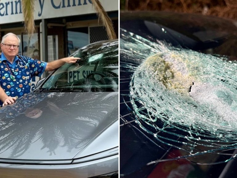 Andrew Melville-Smith and his damaged Tesla windscreen.