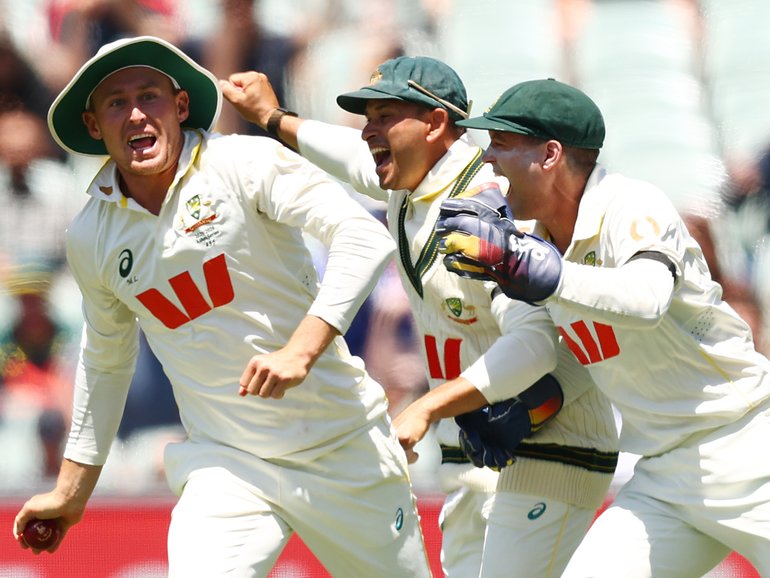 Marnus Labuschagne and the Aussies celebrate the wicket that sealed the series.