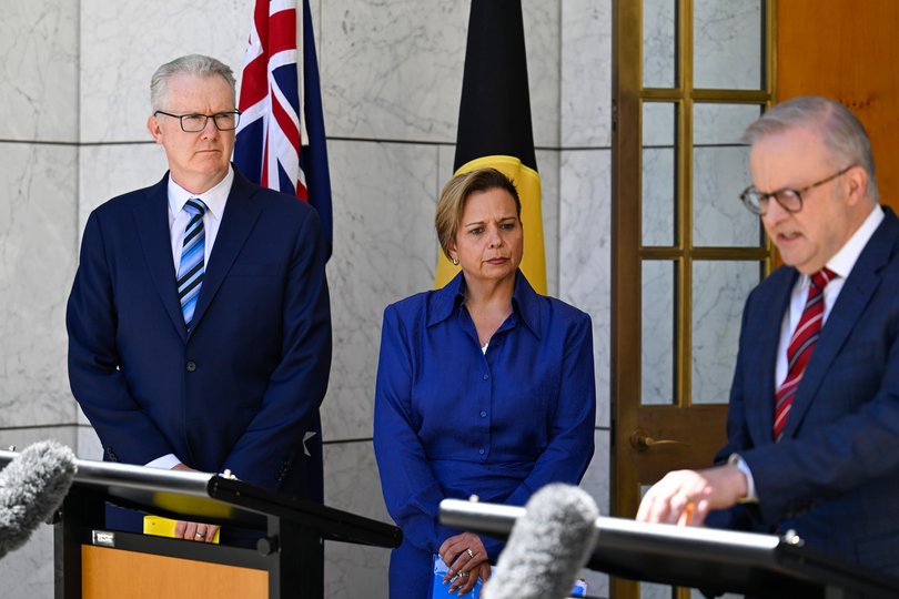 CANBERRA, AUSTRALIA - NewsWire Photos - December 22, 2025: Prime Minister Anthony Albanese, Attorney-General of Australia, Michelle Rowland and Minister for Home Affairs Tony Burke hold a press conference at Parliament House in Canberra. Picture: NewsWire / Martin Ollman Picture: Martin Ollman NewsWire