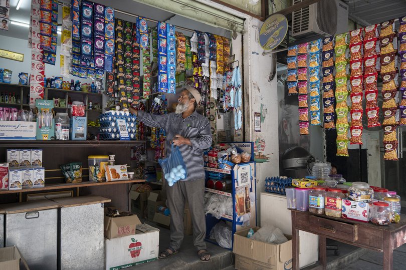 Mohammed Tajuddin at his shop in Toli Chowki, an area of the southern Indian city of Hyderabad with many Muslim residents.