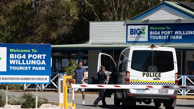 Police at the Big 4 Caravan Park at Port Willunga. Brett Hartwig