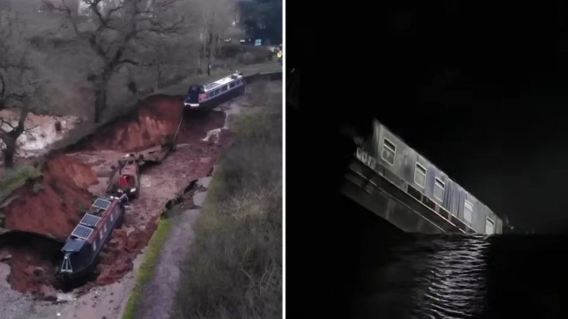 Dozens have been evacuated after an enormous sinkhole opened in a canal in England's West Midlands.